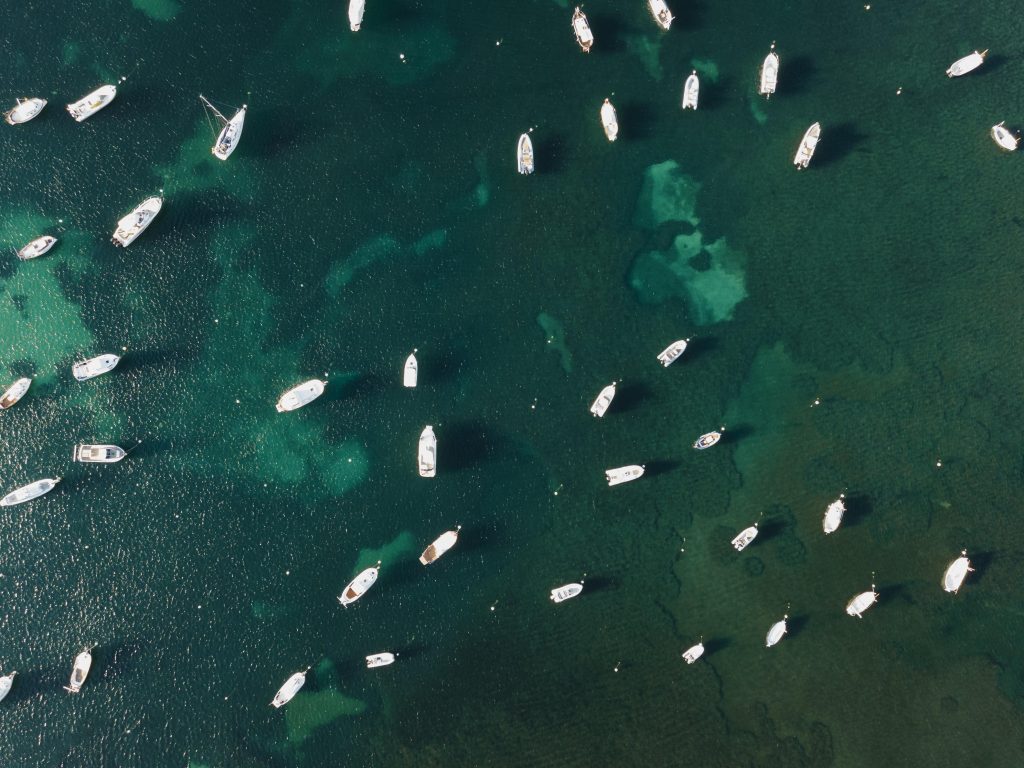 Un numeroso gruppo di barche riprese dall'alto in mare aperto